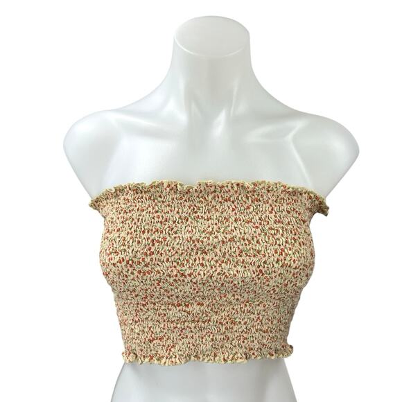 Brandy Melville Cream Floral Ruffle Smocked Strapless Tube Crop Tank Top Size 32 - Picture 1 of 4
